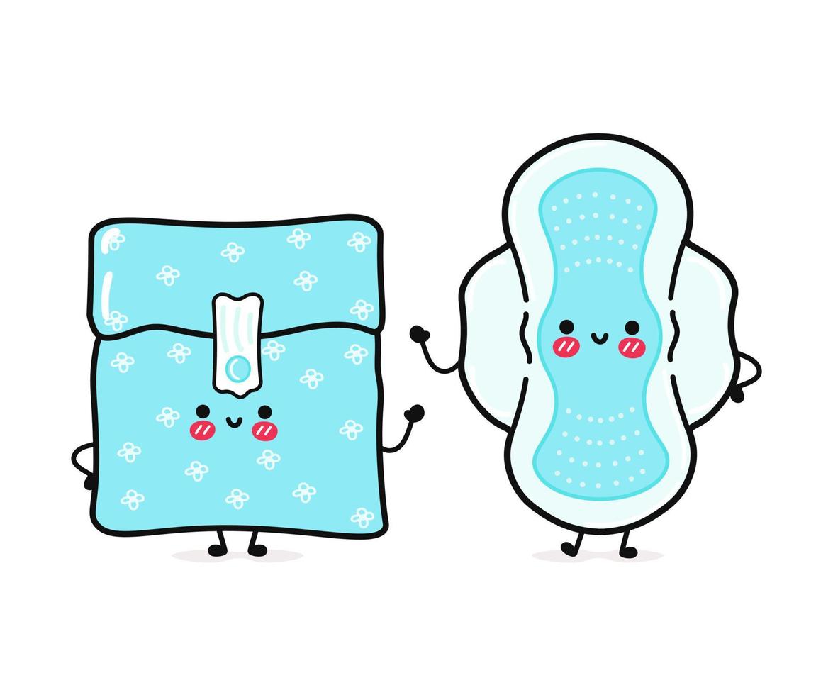 Cute, funny happy blue menstrual pad. Vector hand drawn cartoon kawaii characters, illustration icon. Funny happy cartoon blue menstrual pad mascot friends