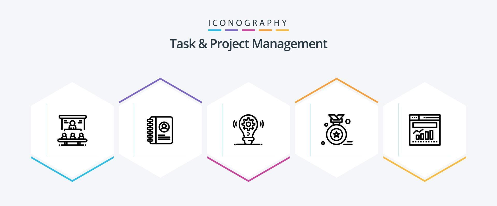paquete de iconos de 25 líneas de gestión de tareas y proyectos que incluye una insignia de premio. contacto . entorno. idea vector