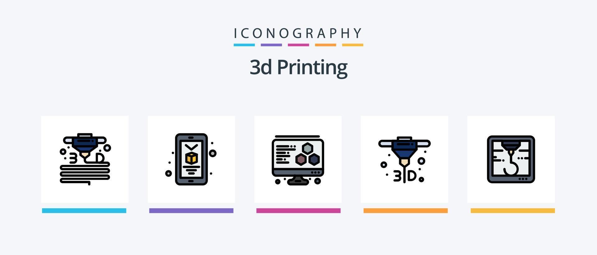 La línea de impresión 3d llenó un paquete de 5 iconos, incluido el corvejón. 3d. equipo. impresión. caja. diseño de iconos creativos vector