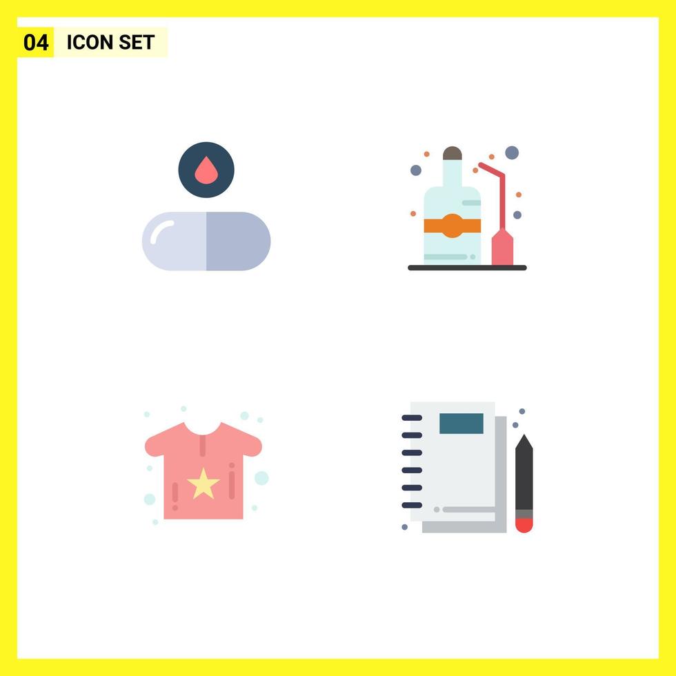 4 iconos planos universales establecidos para aplicaciones web y móviles cuerpo de drogas pastillas botella camisa elementos de diseño vectorial editables vector