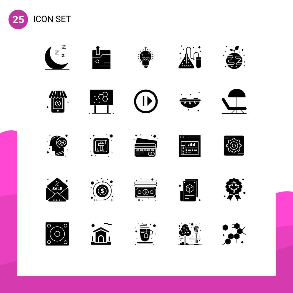 Modern Set of 25 Solid Glyphs Pictograph of globe growth bulb eco science Editable Vector Design Elements