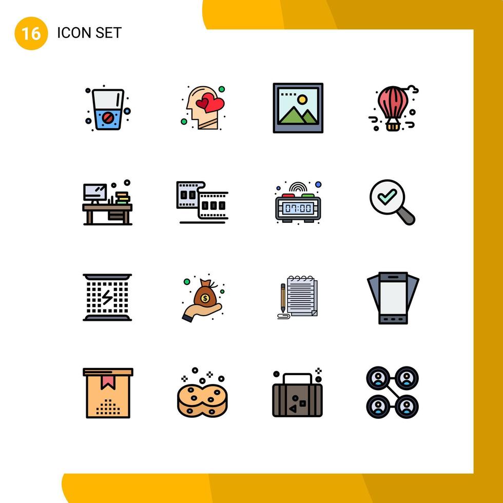 Mobile Interface Flat Color Filled Line Set of 16 Pictograms of book table image city life balloon Editable Creative Vector Design Elements