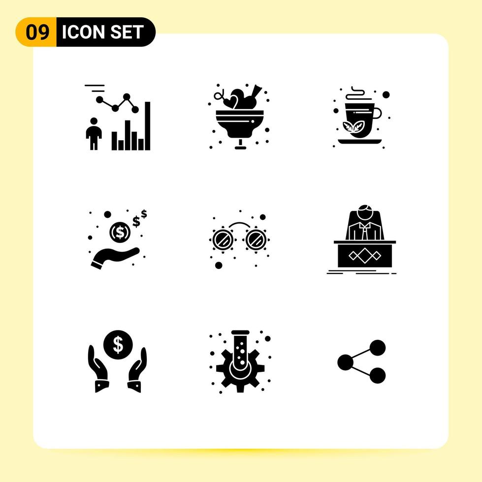 Solid Glyph Pack of 9 Universal Symbols of fancy glasses money ice income infusion Editable Vector Design Elements