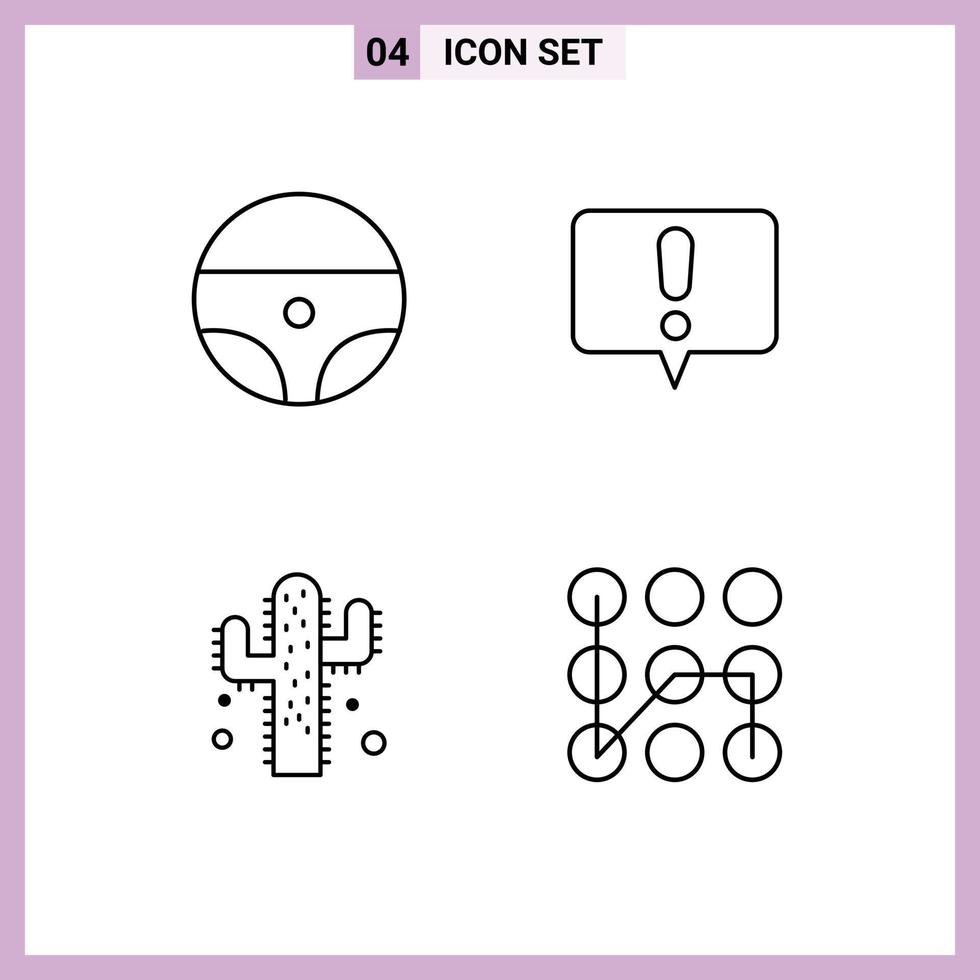 conjunto de pictogramas de 4 colores planos de línea de llenado simple de cactus de alerta de patrón de coche elementos de diseño de vector editables seguros