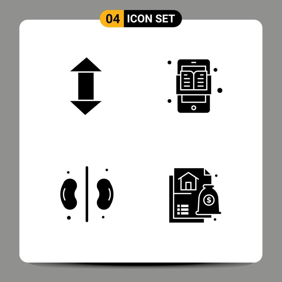 Pack of 4 creative Solid Glyphs of arrow care down learning apps kidneys Editable Vector Design Elements