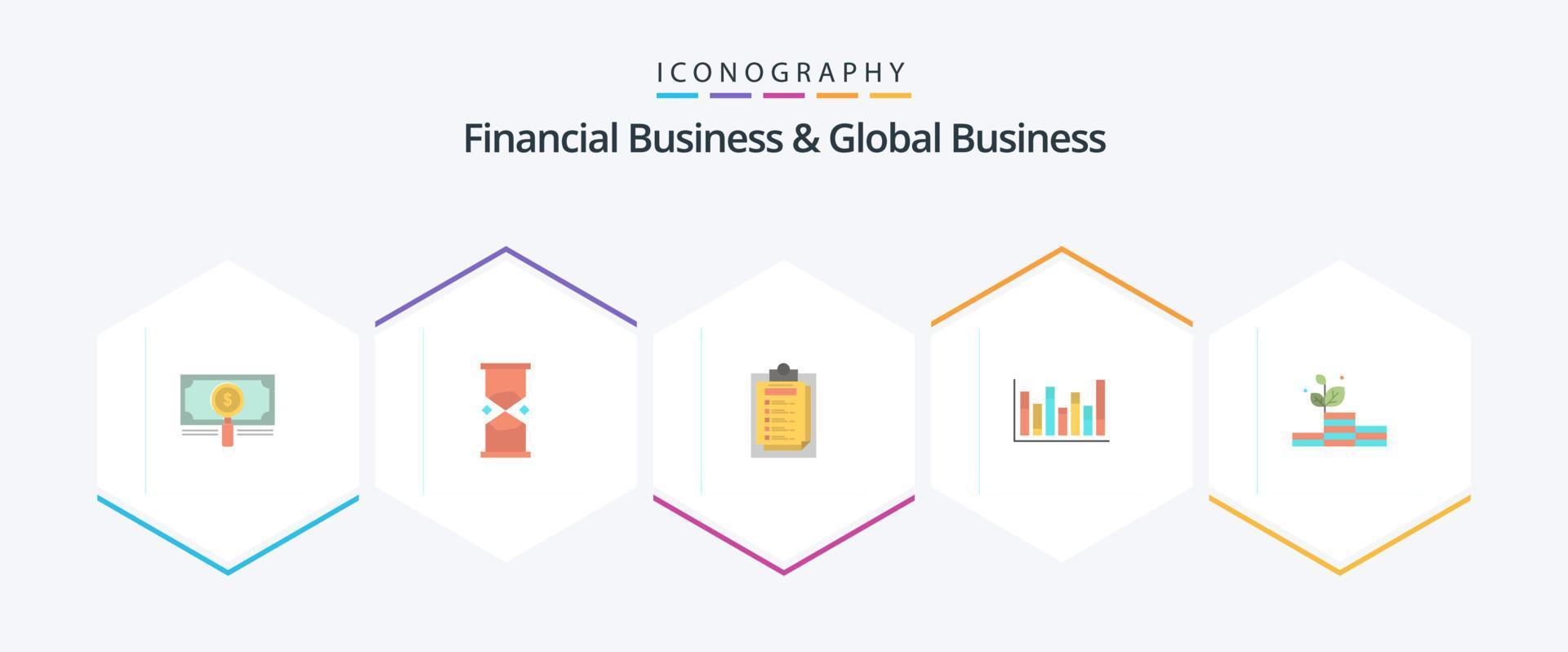 negocios financieros y negocios globales 25 paquete de iconos planos que incluye abajo. línea. mirar. grafico. informe vector