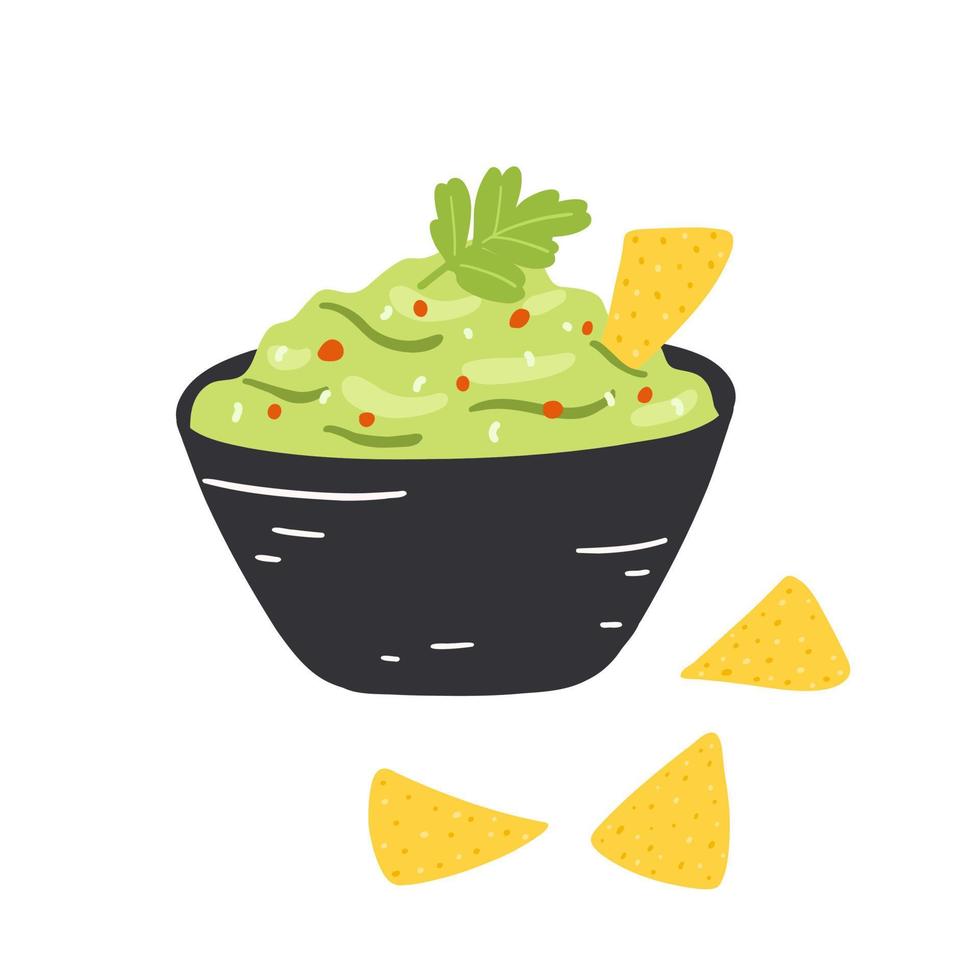 Guacamole in cartoon flat style. Hand drawn vector illustration of mexican traditional food with nachos