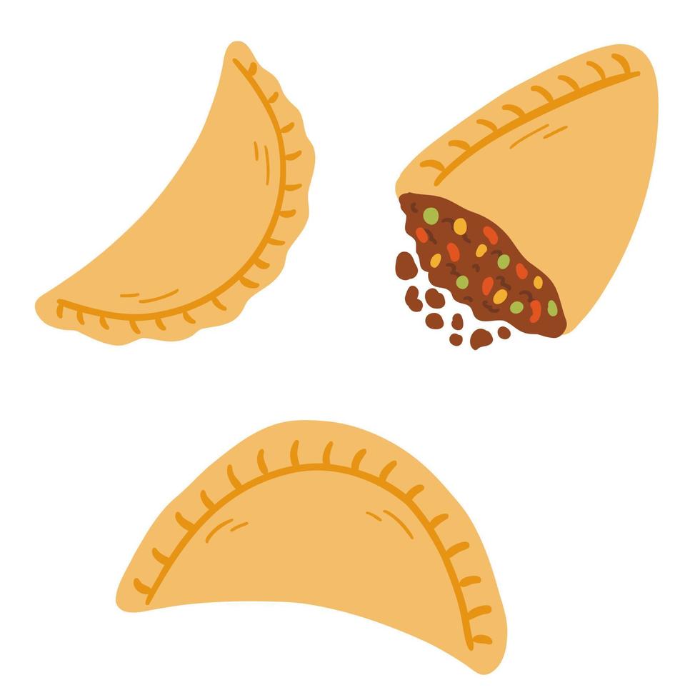 empanadas en estilo plano de dibujos animados. ilustración vectorial dibujada a mano de comida tradicional latinoamericana, cocina popular vector