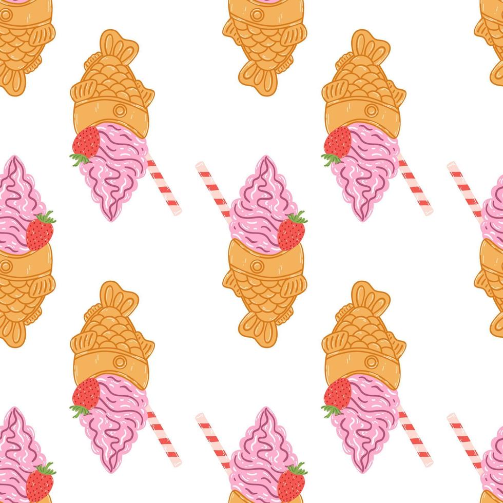 Seamless pattern with taiyaki fish-shaped ice cream cone in cartoon flat style. Hand drawn vector background with traditional Japanese food, sweet, dessert