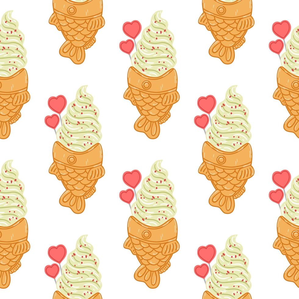 Seamless pattern with taiyaki fish-shaped ice cream cone in cartoon flat style. Hand drawn vector background with traditional Japanese food, sweet, dessert