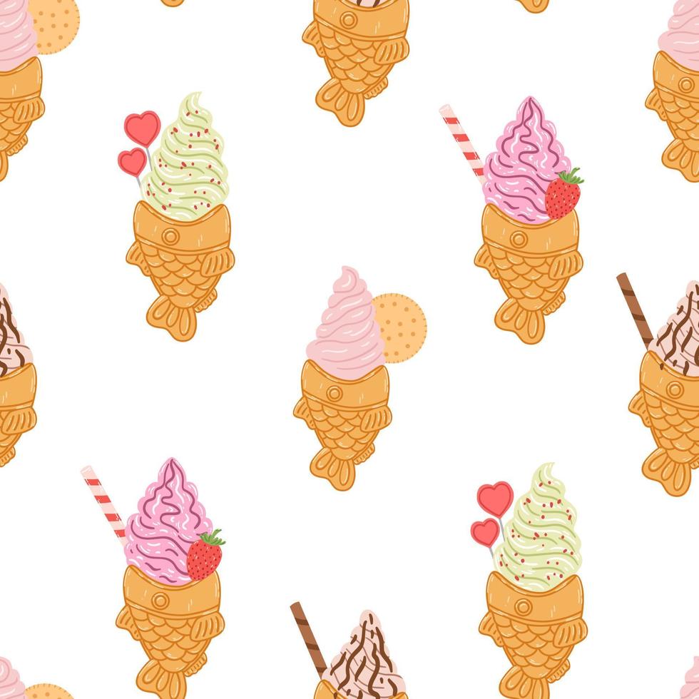 Seamless pattern with taiyaki fish-shaped ice cream cone in cartoon flat style. Hand drawn vector background with traditional Japanese food, sweet, dessert