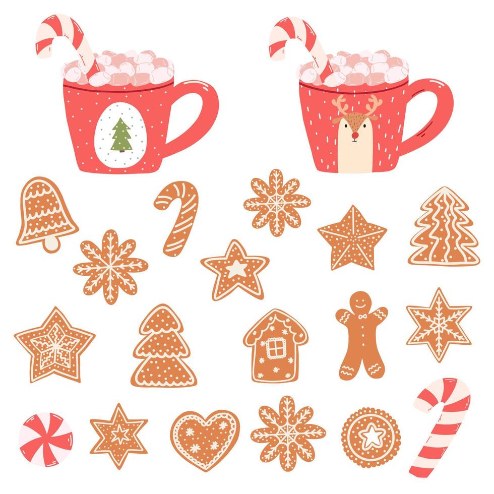 Cute mugs with marshmallows, candy cane and gingerbread cookies in cartoon style. Hand drawn vector illustration of hot drinks and Christmas sweets.