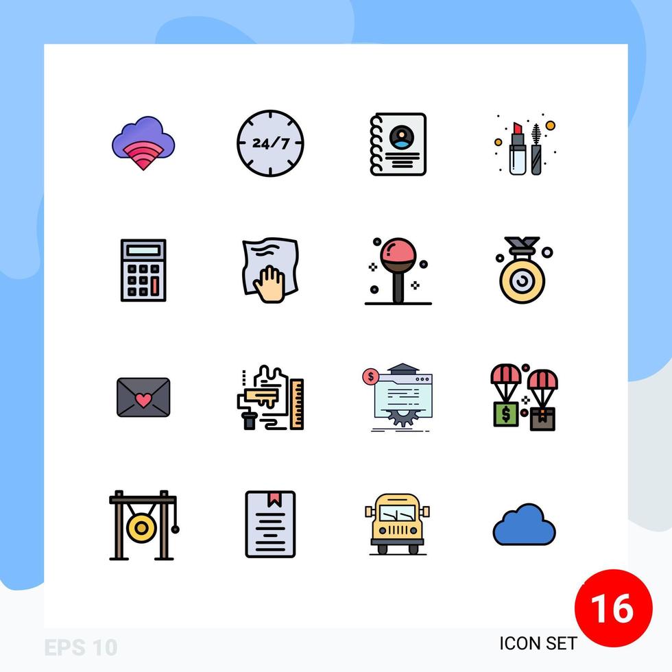 grupo de 16 líneas rellenas de color plano, signos y símbolos para el servicio de línea de calculadora, teléfono ocular, elementos de diseño de vectores creativos editables