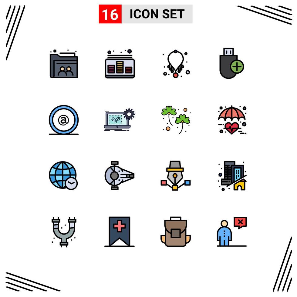 Flat Color Filled Line Pack of 16 Universal Symbols of stick devices sound computers necklace Editable Creative Vector Design Elements