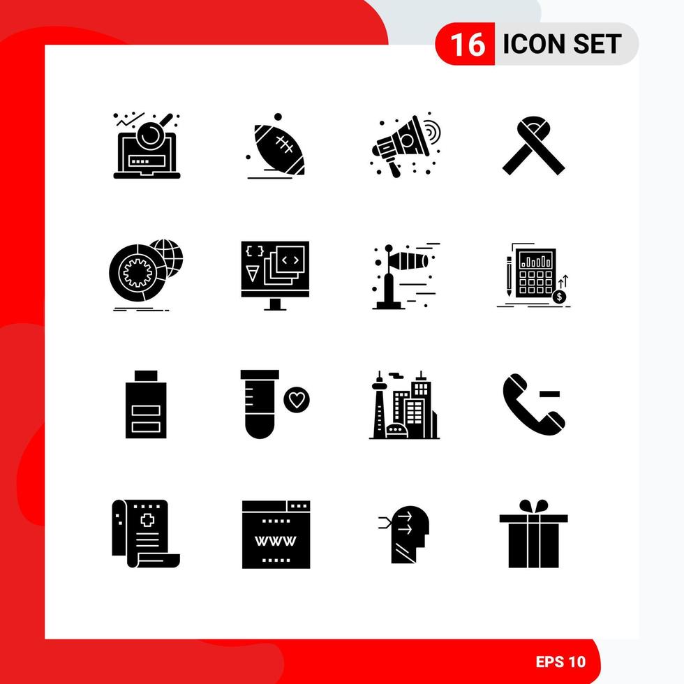 16 Universal Solid Glyphs Set for Web and Mobile Applications big data cancer game awareness speaker Editable Vector Design Elements