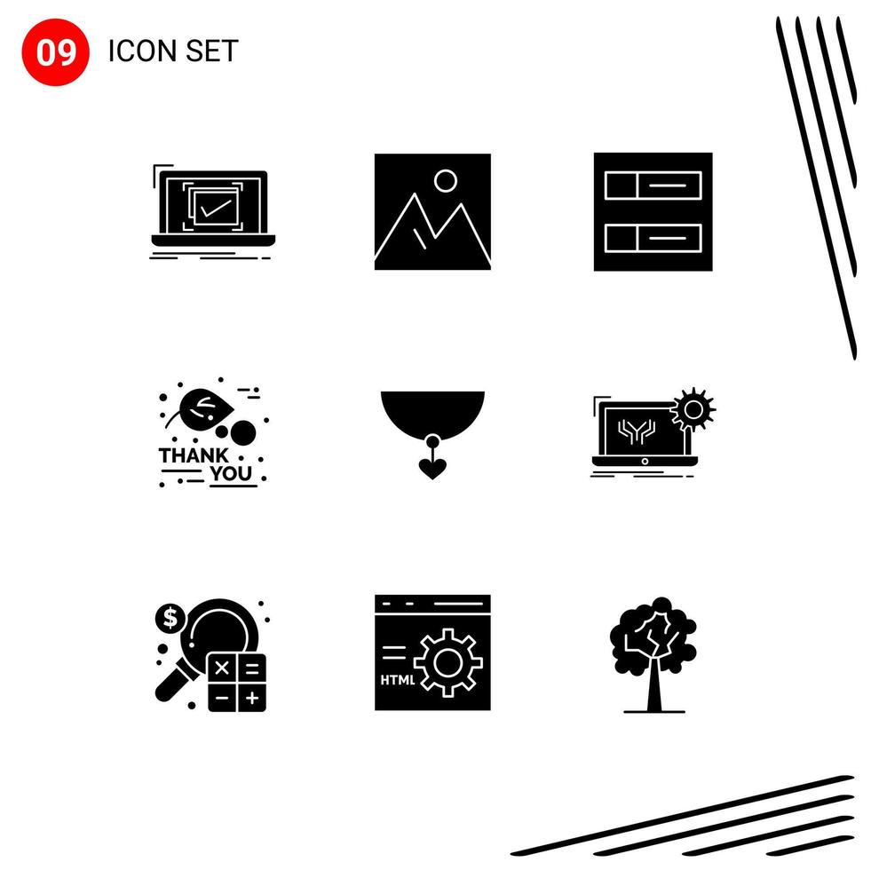 Universal Icon Symbols Group of 9 Modern Solid Glyphs of necklace leaf interior autumn profiles Editable Vector Design Elements
