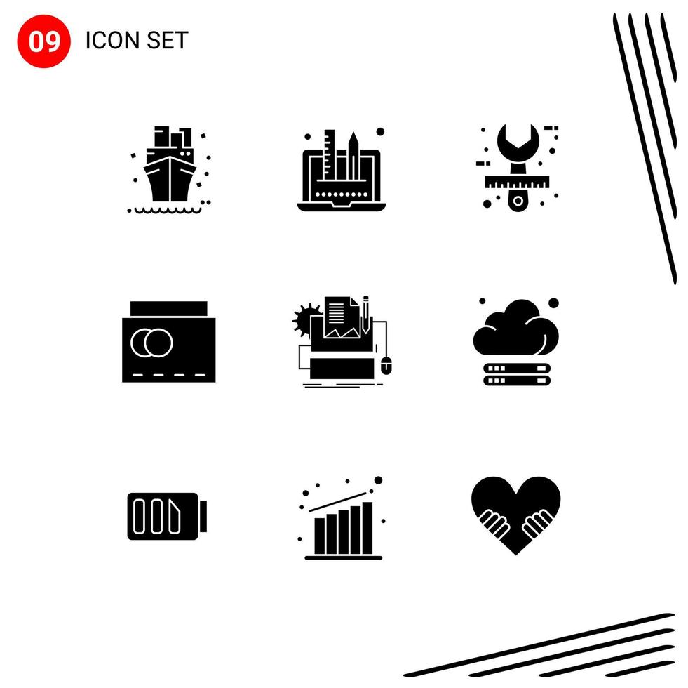 Solid Glyph Pack of 9 Universal Symbols of type writer handbag architect bag tool Editable Vector Design Elements