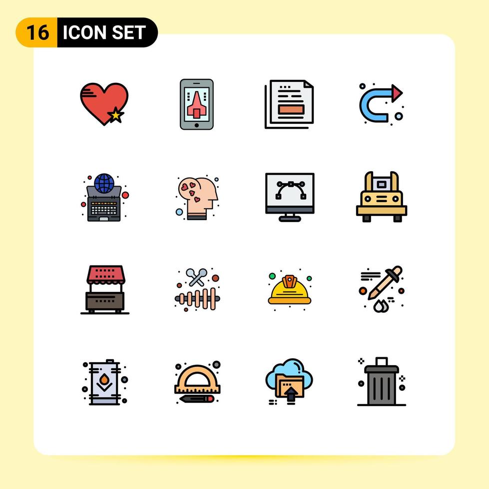 interfaz móvil conjunto de líneas rellenas de color plano de 16 pictogramas de signo derecho smartphone flecha factura elementos de diseño de vectores creativos editables