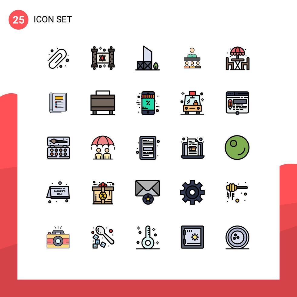 Group of 25 Modern Filled line Flat Colors Set for living office beach teamwork meeting Editable Vector Design Elements