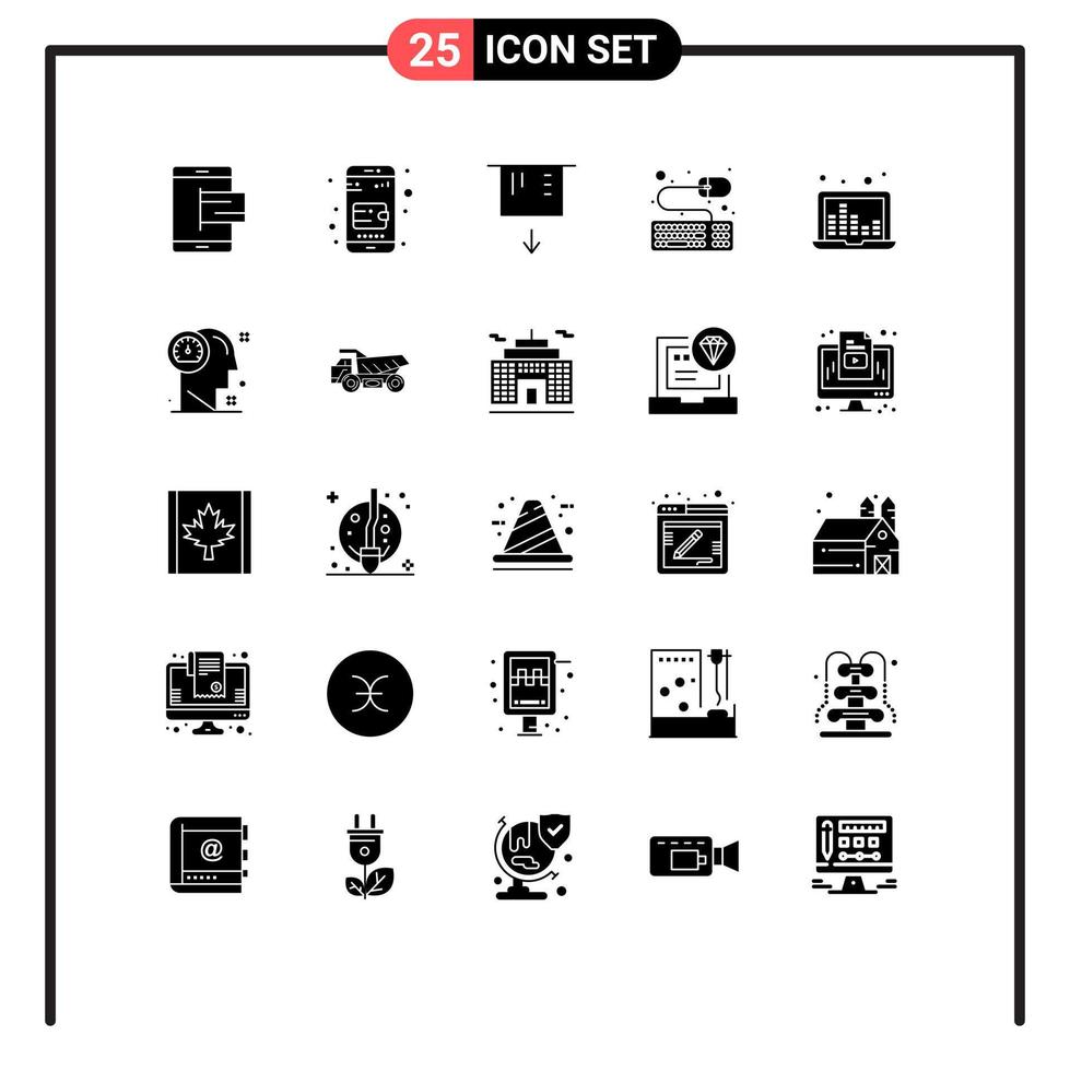 25 Universal Solid Glyphs Set for Web and Mobile Applications sound waves sound bars atm laptop keyboard Editable Vector Design Elements