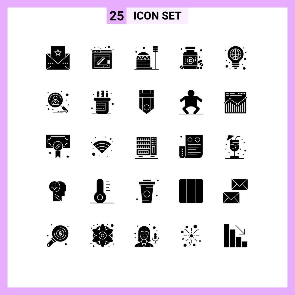 Set of 25 Commercial Solid Glyphs pack for bulb pills colony medicine diet Editable Vector Design Elements