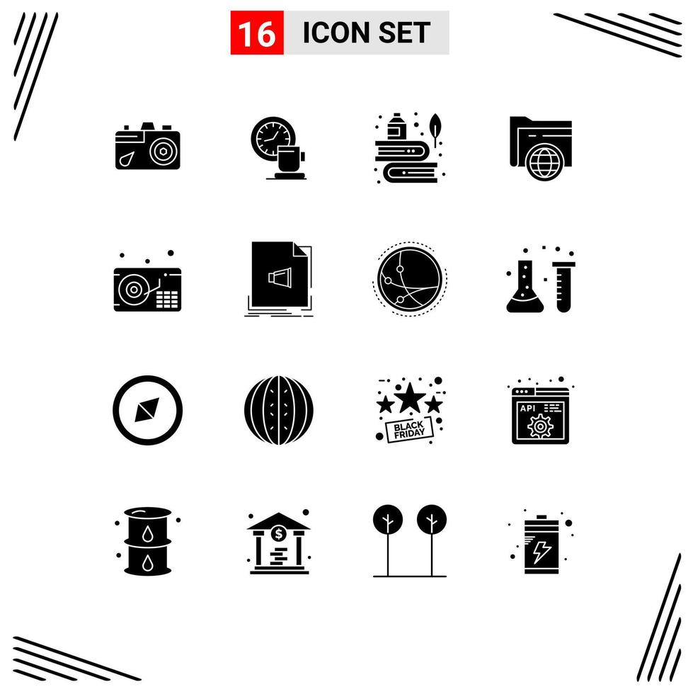 Modern Set of 16 Solid Glyphs Pictograph of globe storage event folder history Editable Vector Design Elements