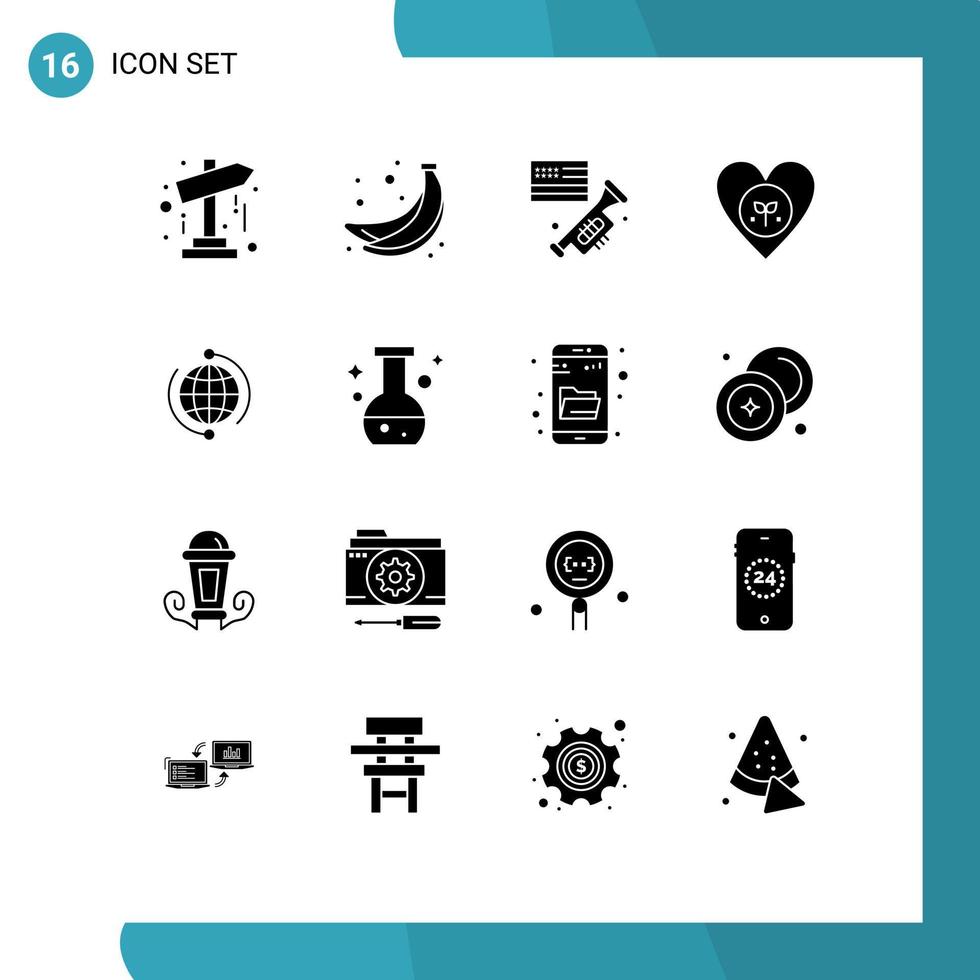 Modern Set of 16 Solid Glyphs and symbols such as business like speaker heart environment Editable Vector Design Elements