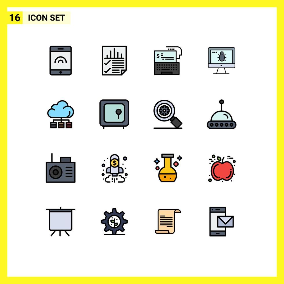 Modern Set of 16 Flat Color Filled Lines and symbols such as server security bank screen monitor Editable Creative Vector Design Elements