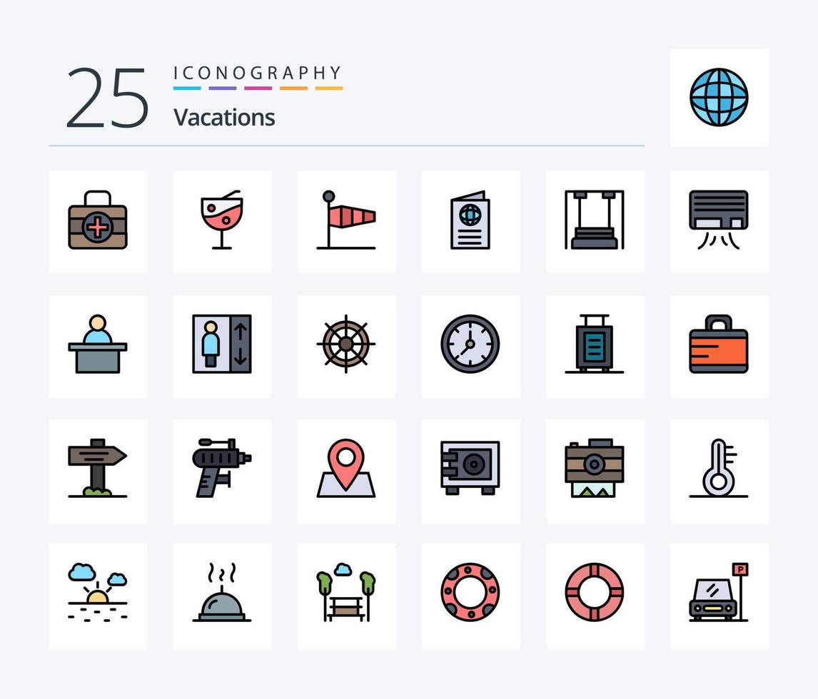 Paquete de iconos llenos de 25 líneas de vacaciones, incluida la infancia. viajar. bandera. pasaporte. globo vector