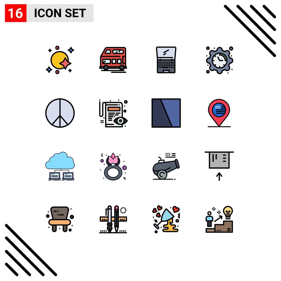 16 User Interface Flat Color Filled Line Pack of modern Signs and Symbols of time clock vehicle setting laptop Editable Creative Vector Design Elements
