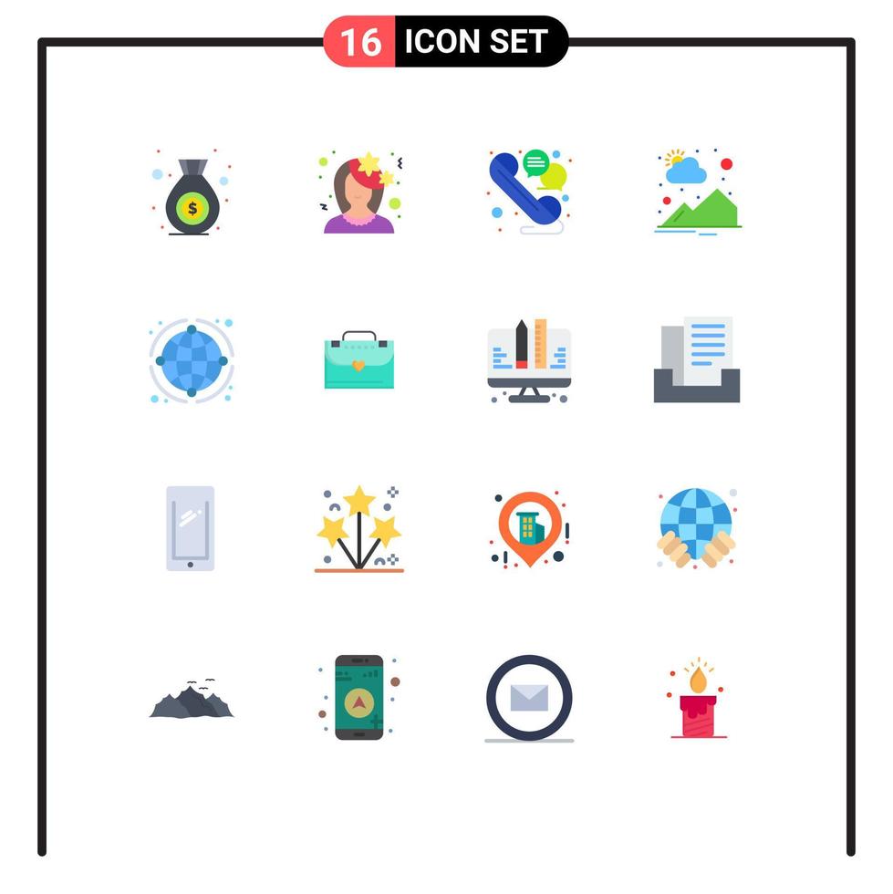 Modern Set of 16 Flat Colors Pictograph of global sun rise chat sun countryside Editable Pack of Creative Vector Design Elements