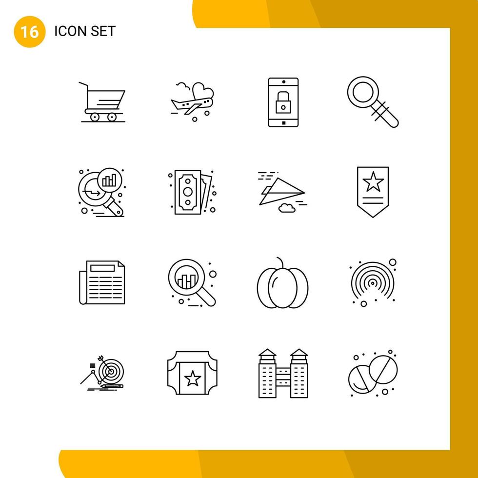 User Interface Pack of 16 Basic Outlines of graph magnifying data analyzing lock search find Editable Vector Design Elements