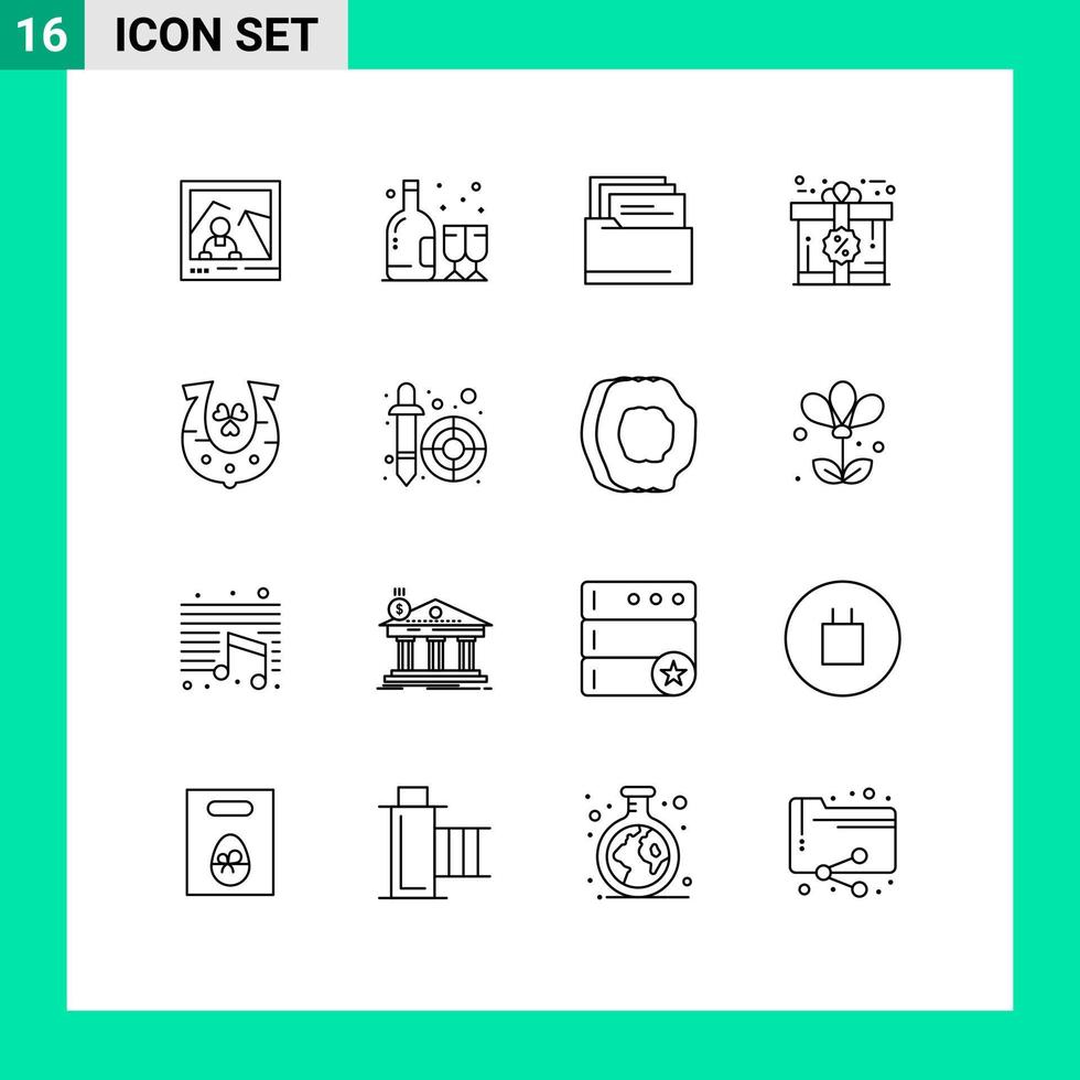 16 Universal Outlines Set for Web and Mobile Applications horseshoe clover folder gift card Editable Vector Design Elements