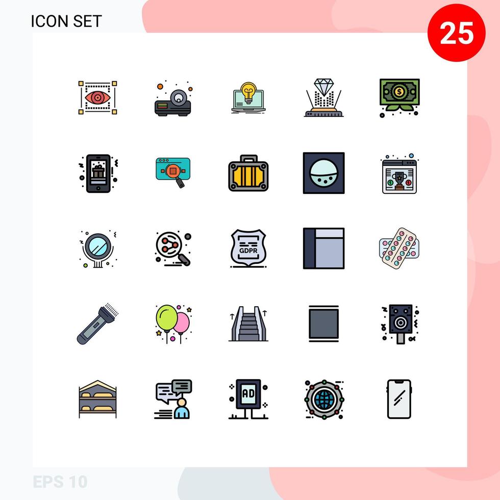 Modern Set of 25 Filled line Flat Colors Pictograph of certificate diamond success technology hologram Editable Vector Design Elements