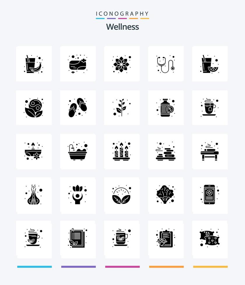 bienestar creativo paquete de iconos negros sólidos de 25 glifos, como fruta. medicamento. limpio. hospital. relax vector