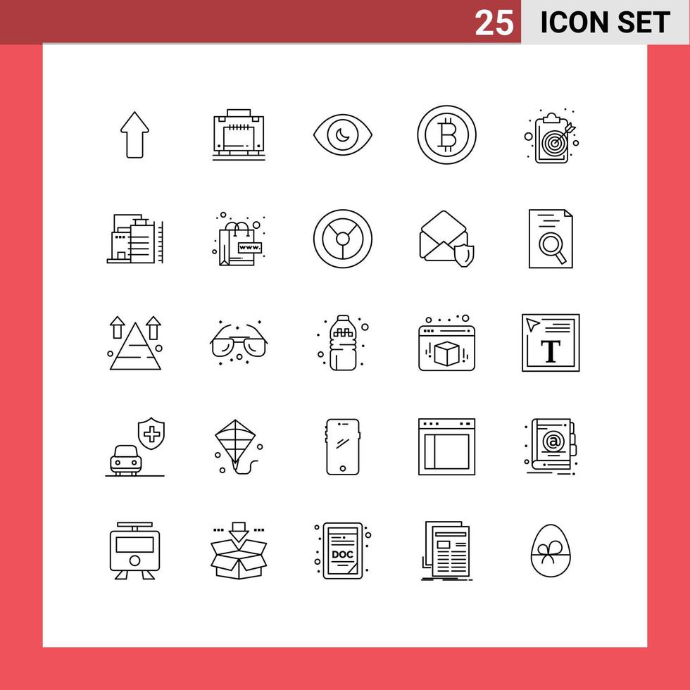 Set of 25 Modern UI Icons Symbols Signs for objective clipboard eye aim bitcoin Editable Vector Design Elements