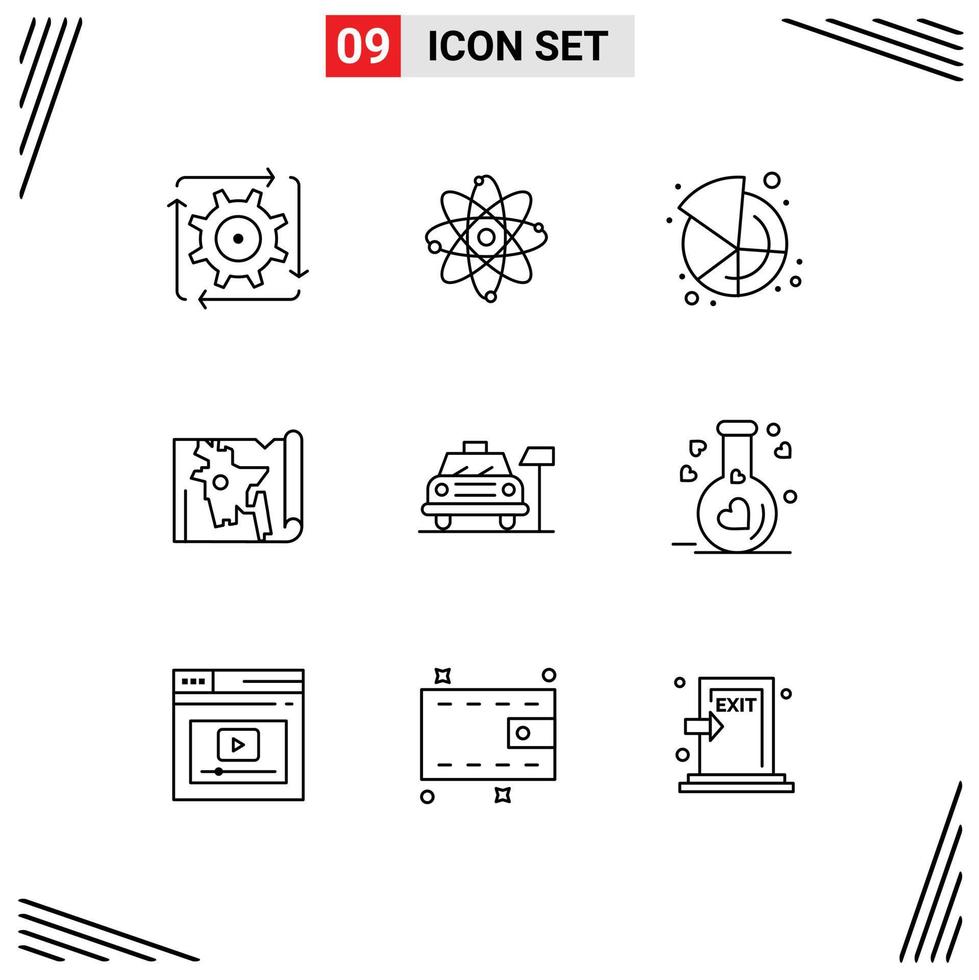 Pack of 9 creative Outlines of car world laboratory map share Editable Vector Design Elements