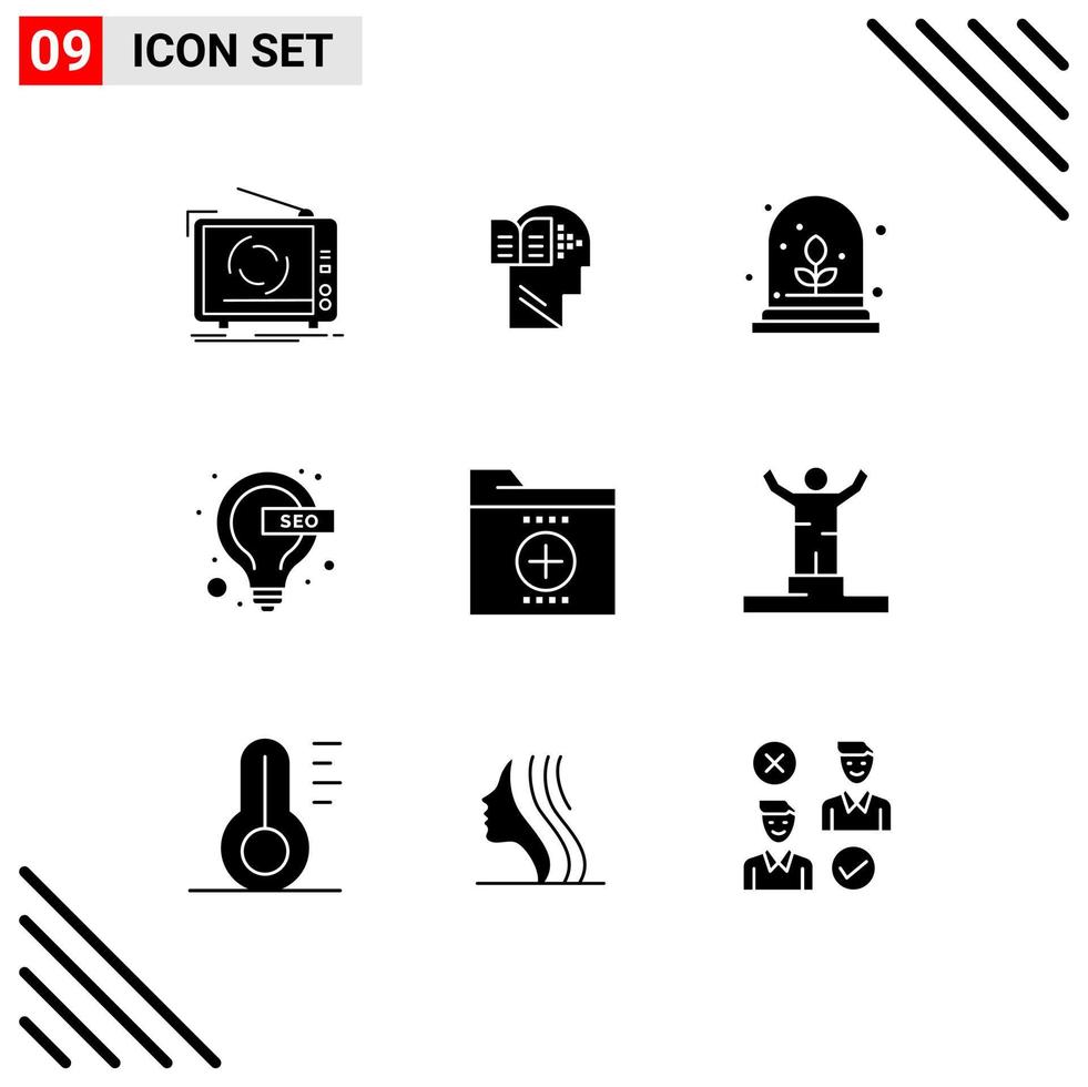 Editable Vector Line Pack of 9 Simple Solid Glyphs of documents seo mind lamp bulb Editable Vector Design Elements