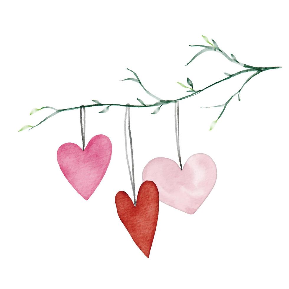 ilustración acuarela de lindos objetos de San Valentín, lindo diseño vectorial de artículos, corazón en una rama vector