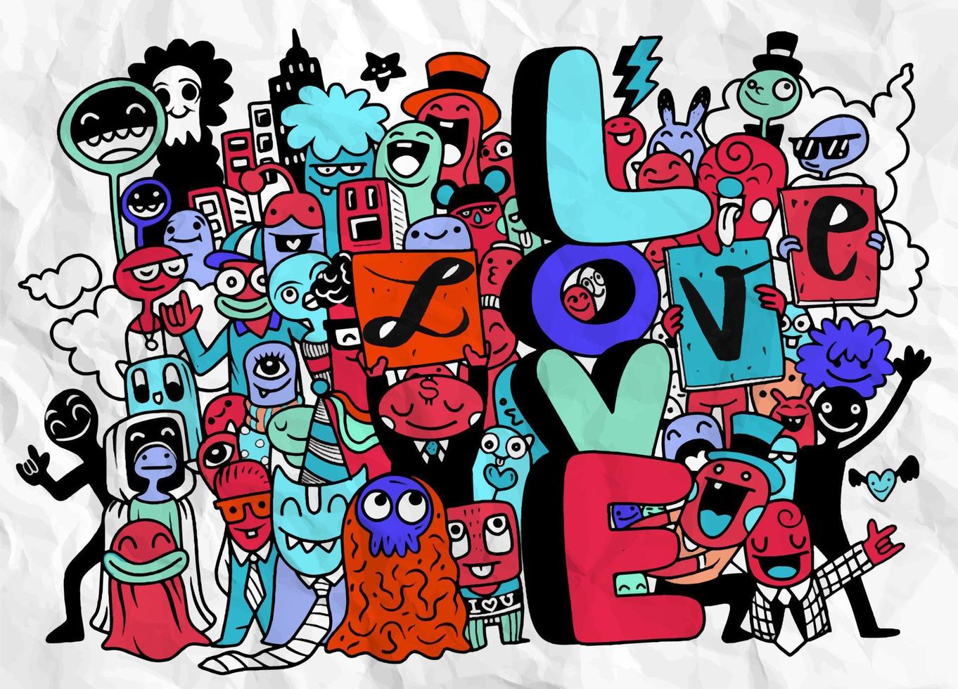 happy young people holding letters love. cute Monster isolated on background vector