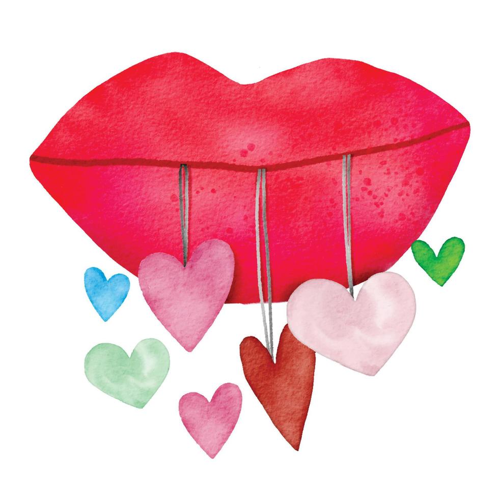 Watercolor illustration of cute valentine objects ,cute item vector design, lips and heart