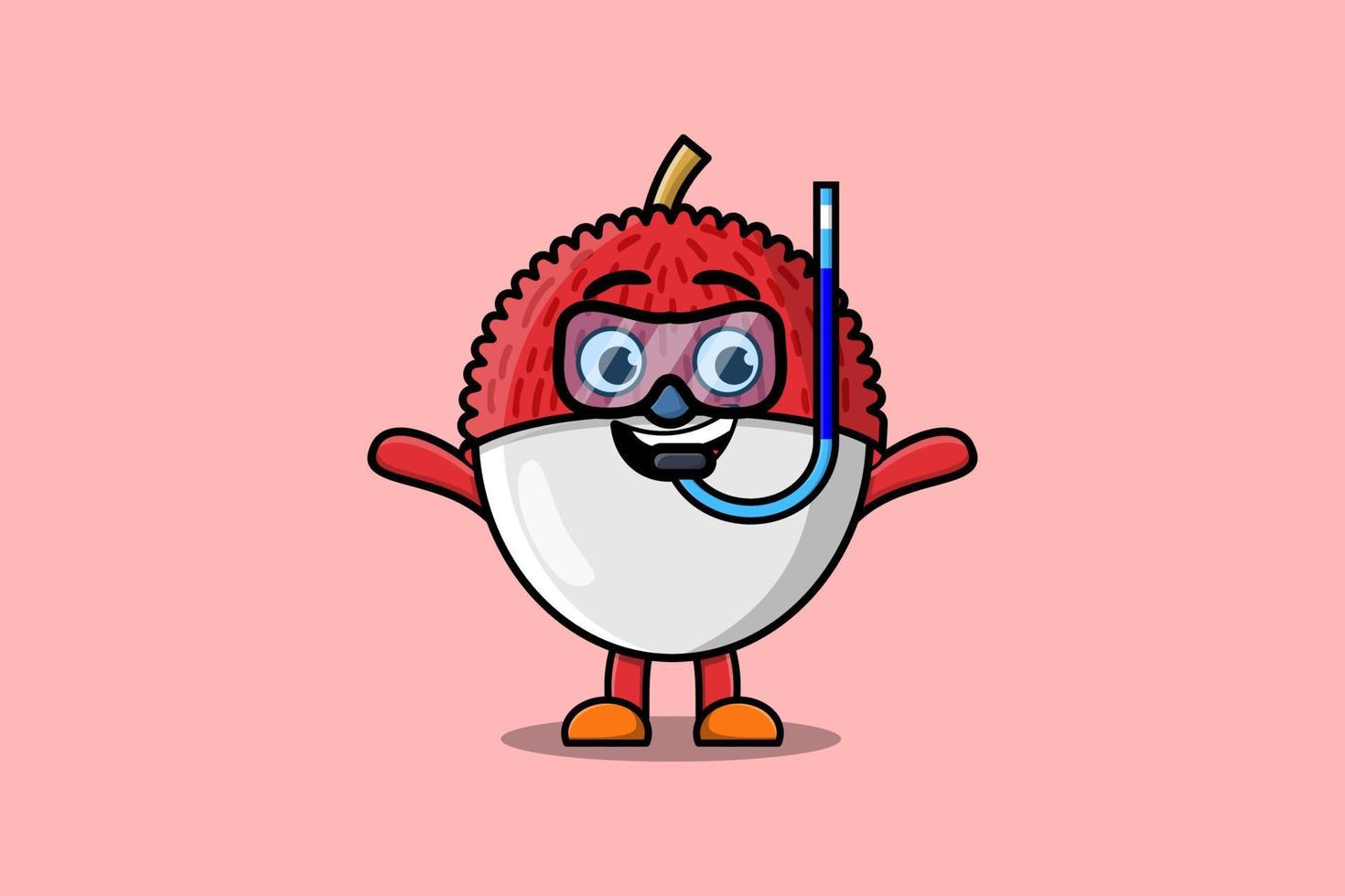 Cute cartoon Lychee diver with swimming glass vector