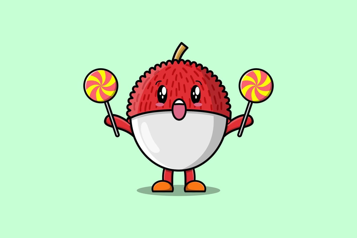 lindo personaje de dibujos animados de lichi con caramelos de piruleta vector