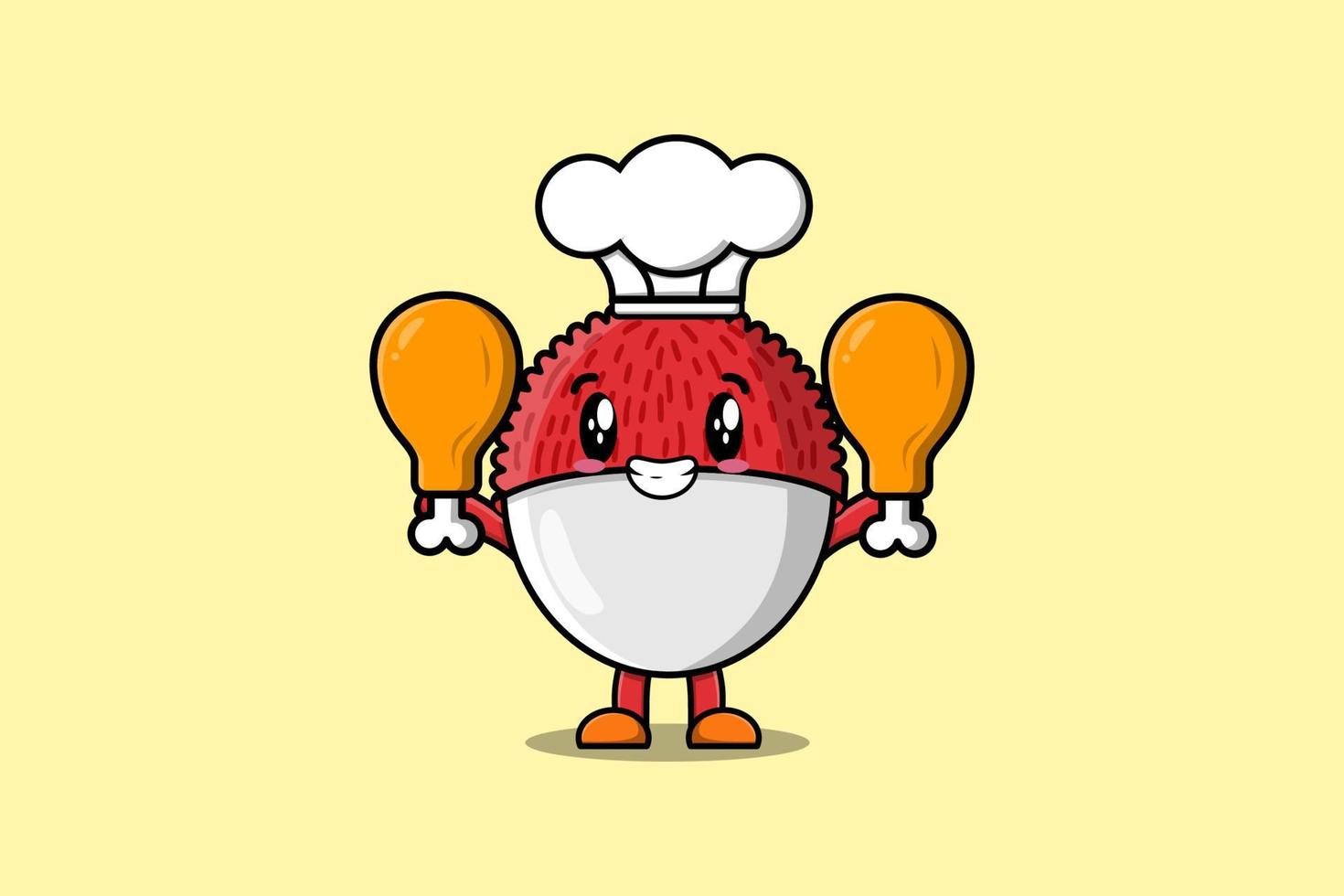 Cute cartoon Lychee chef holding two chicken thigh vector