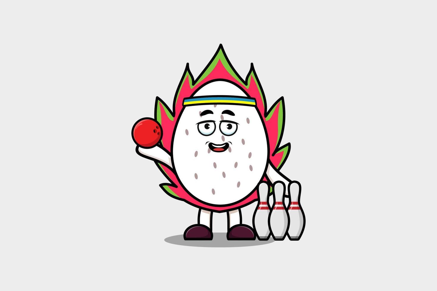 personaje de fruta de dragón de dibujos animados lindo jugar bolos vector