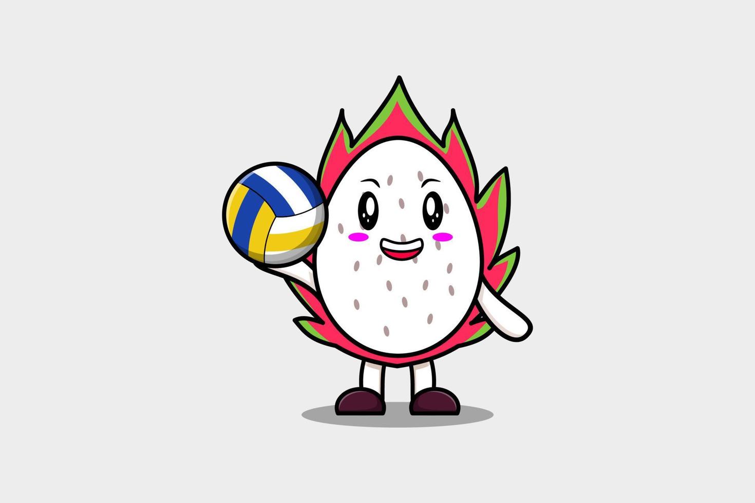 caricatura linda fruta del dragón jugando voleibol vector