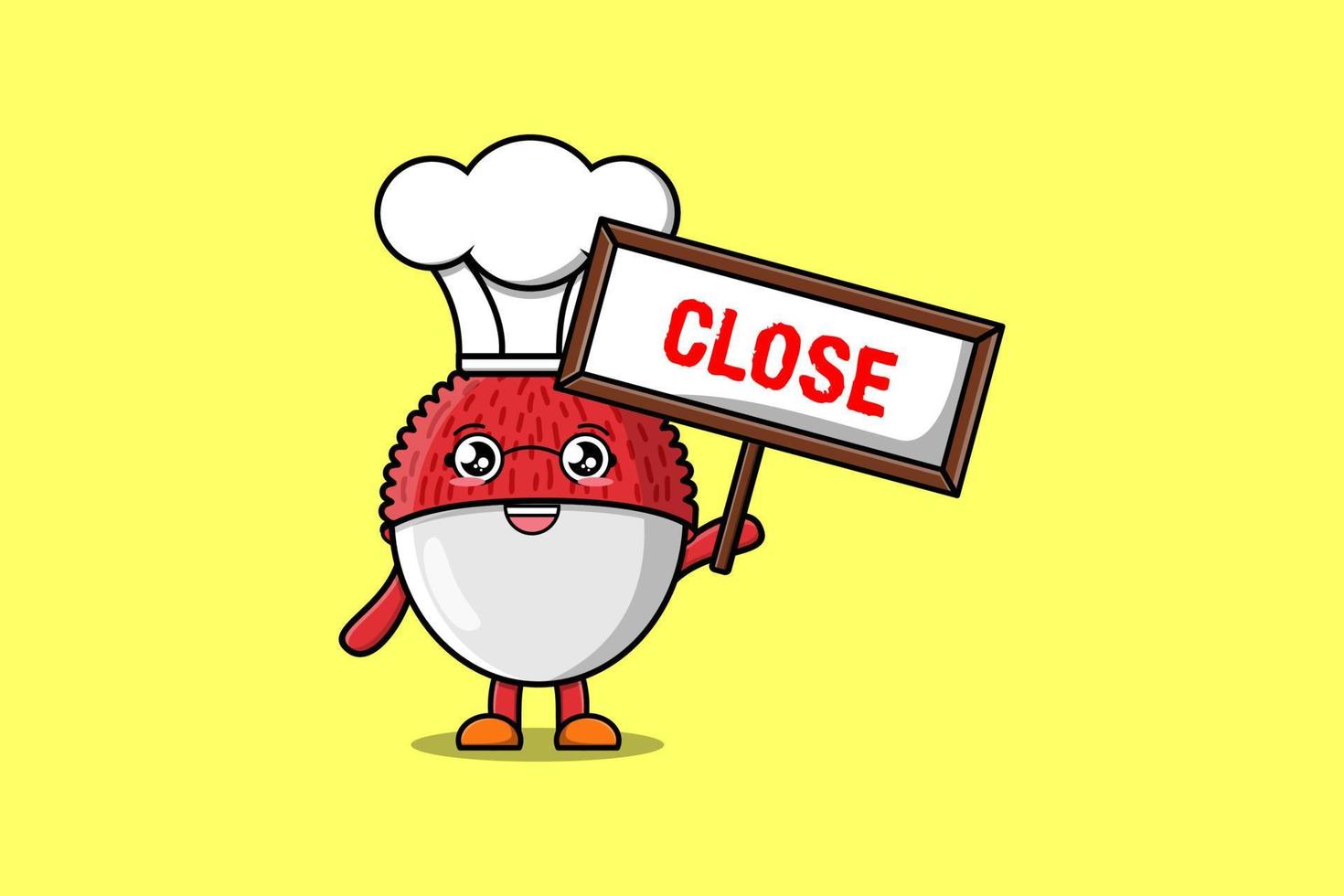 Cute cartoon Lychee chef holding close sign board vector