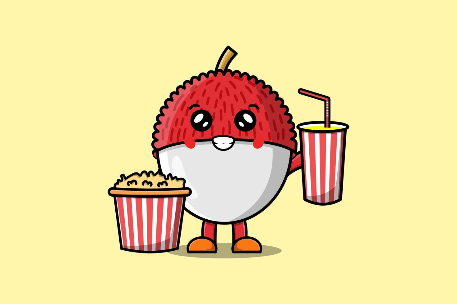 Cute cartoon Lychee with popcorn and drink vector