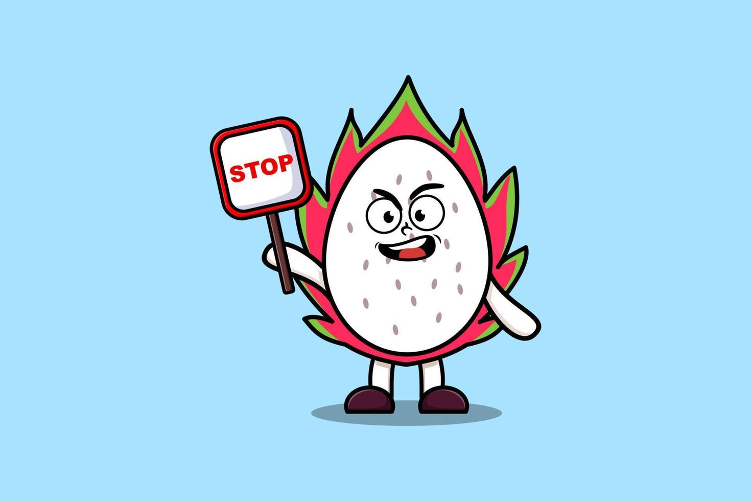Linda mascota de dibujos animados fruta del dragón con señal de stop vector