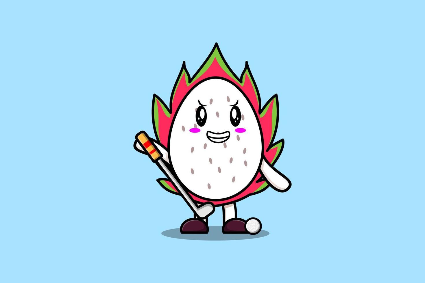 personaje de fruta de dragón de dibujos animados lindo jugando al golf vector